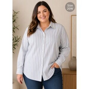 Gold Label Investments Non-Iron Striped‎ Button Down 20W Plus Blue Green Tan